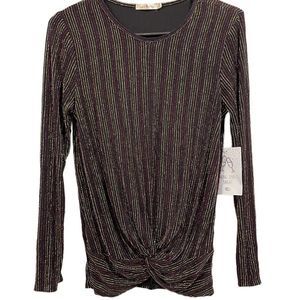 Heart & Hips Sparkly Striped Metallic Long Sleeve Stretch Party Festival Top